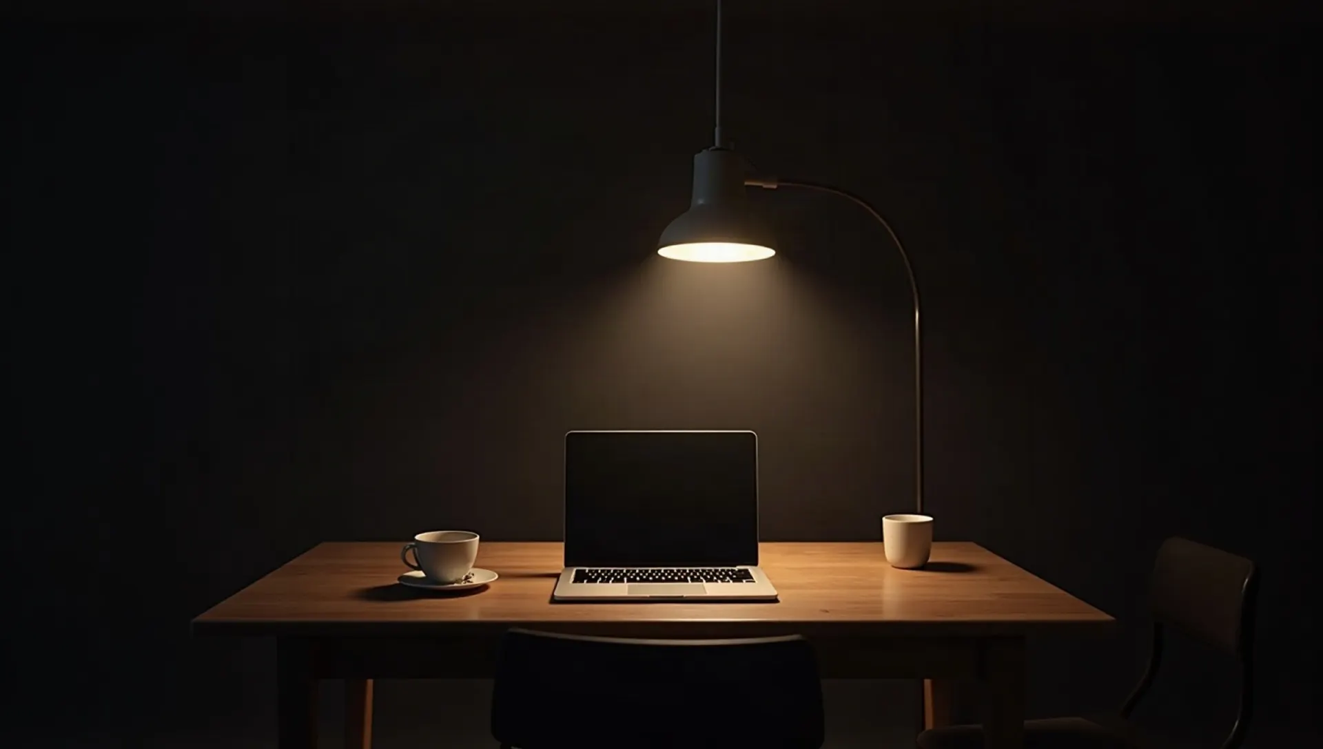 Küchentisch am Abend mit Lampe und Laptop