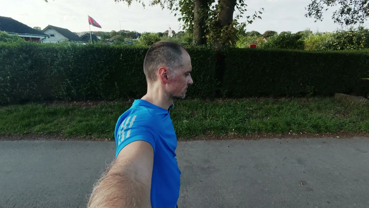 Elvid läuft auf einem Weg an einer Hecke entlang